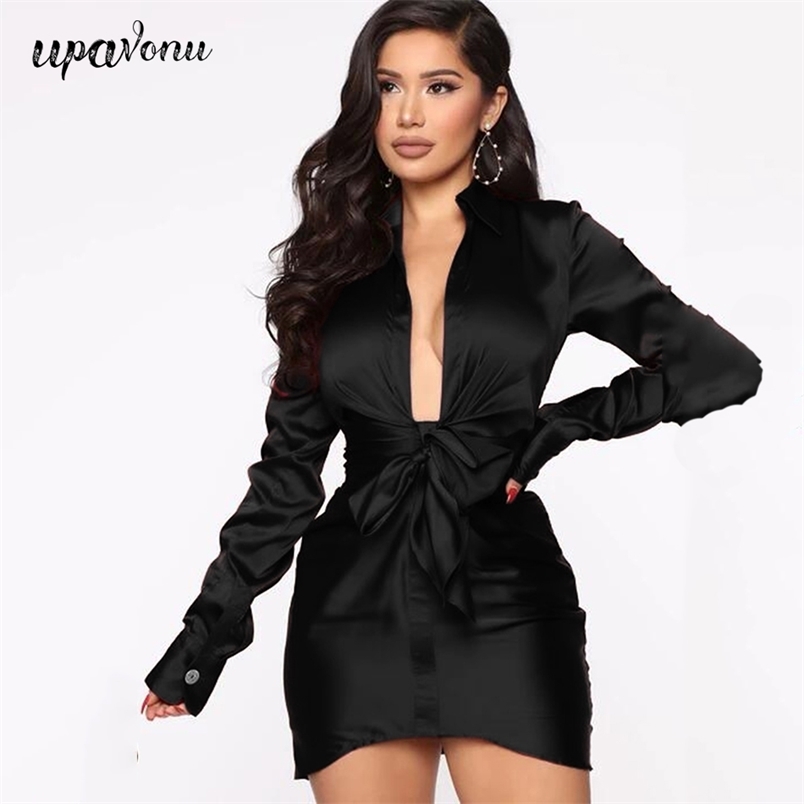 Free Women Black Satin Dress Sexy Deep V Neck Long Sleeve Bodycon Lace-Up Club Night Party Mini Vestidos 210524
