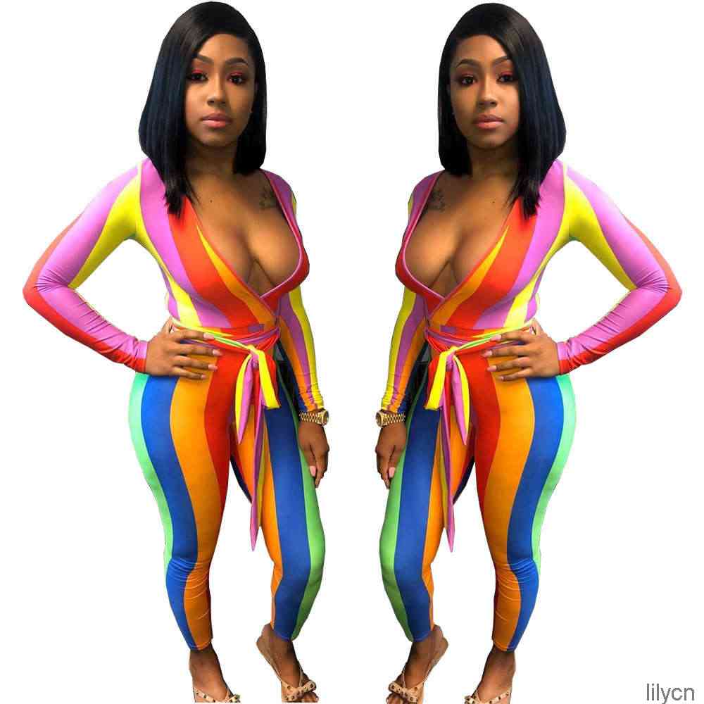 Women Print Wrap Jumpsuits Sexy Rainbow Stripe Printed Cross V Neck Long Sleeve Slim Club Bodycon Jumpsuit with Belt, Multi
Women Print Wrap Jumpsuits Sexy Rainbow Stripe Printed Cross V Neck Long Sleeve Slim Club Bodycon Jumpsuit with Belt, Multi