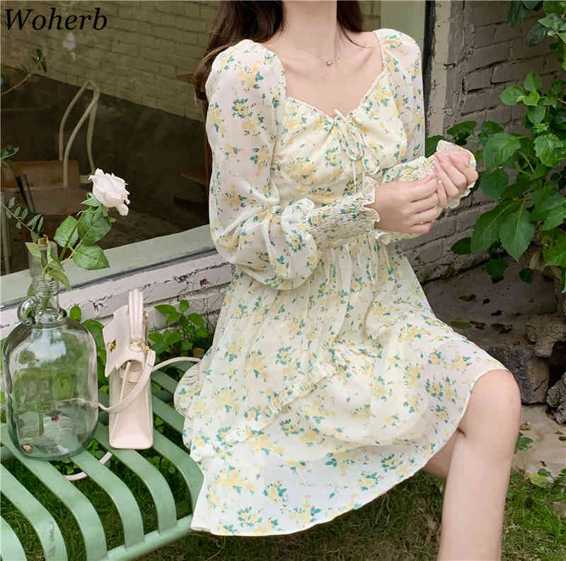 Women Dress Korean Square Collar Elegant Vintage Vestidos Long Sleeve Floral Beach Mini Robe Summer Chic Dresses 210519