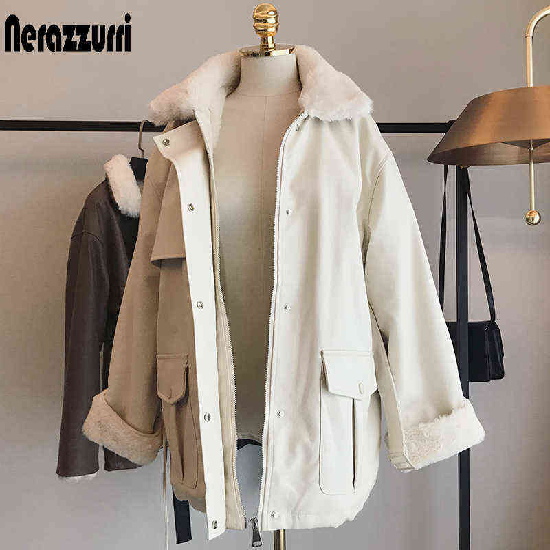 Nerazzurri Winter Oversized Leather Jacket Women with Faux Rex Rabbit Fur Inside Warm Soft Thickened Fur Lined Coat Long Sleeve 211130