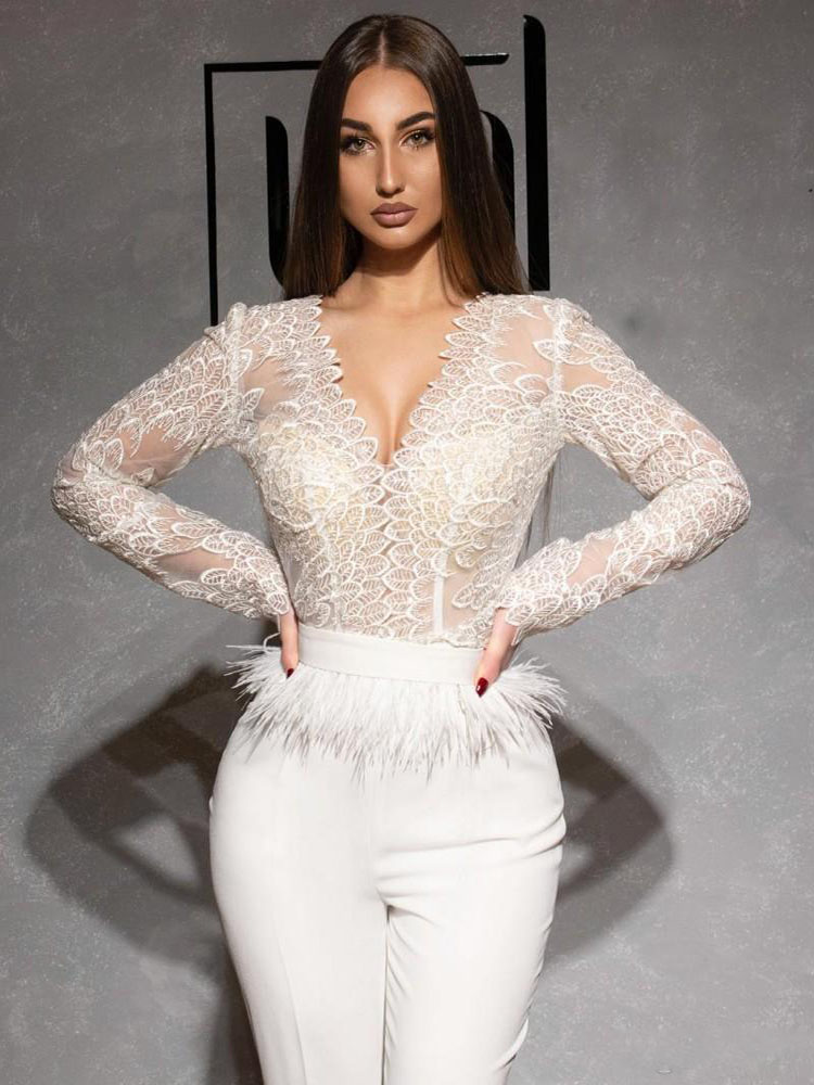 Lace Jumpsuits Prom Dresses V Neck Long Sleeve Feather Dubai Arabic Satin Celebrity Evening Gowns Pantsuits Formal Pageant Dress