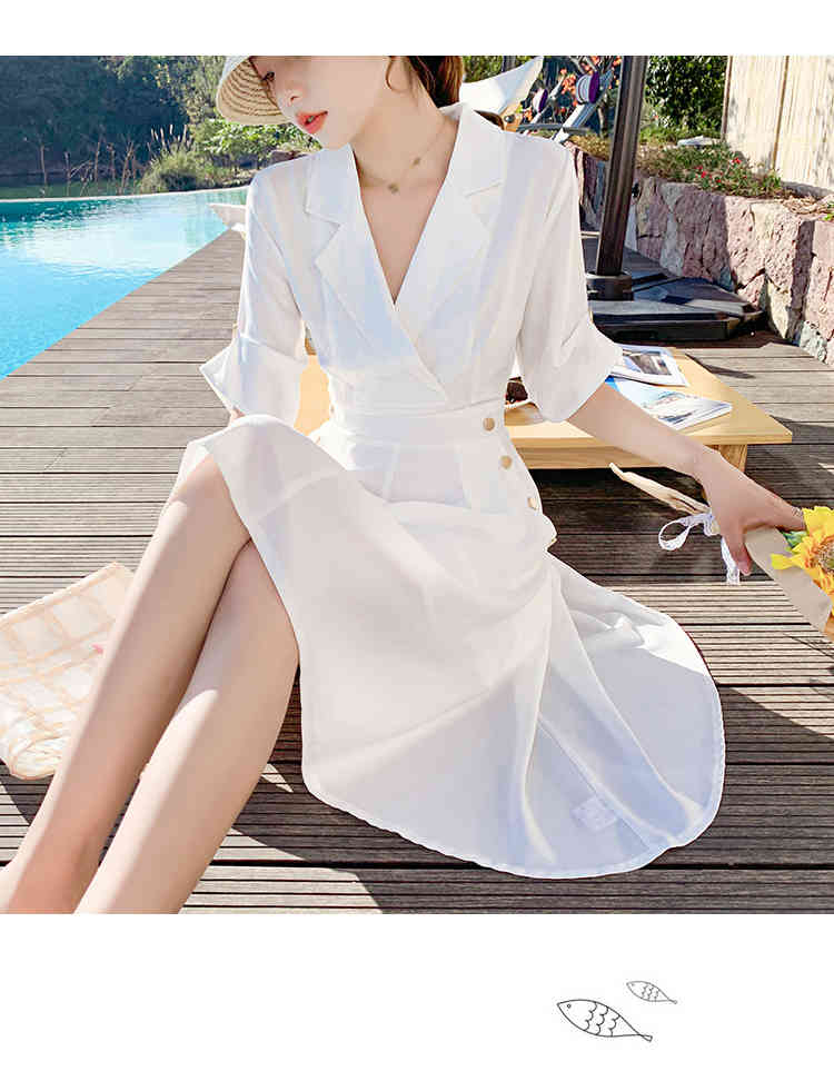 Spring Summer Women Dress White Notched Collar Half Sleeve Vestidos High Waist Knee-Length Chiffon Robe 210519