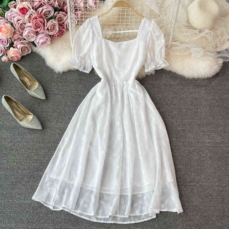 LoveFlowerLife Summer Casual Solid Slim Dress A Line Square Collar Short High Waist Mid-Calf Women Dresses 210521