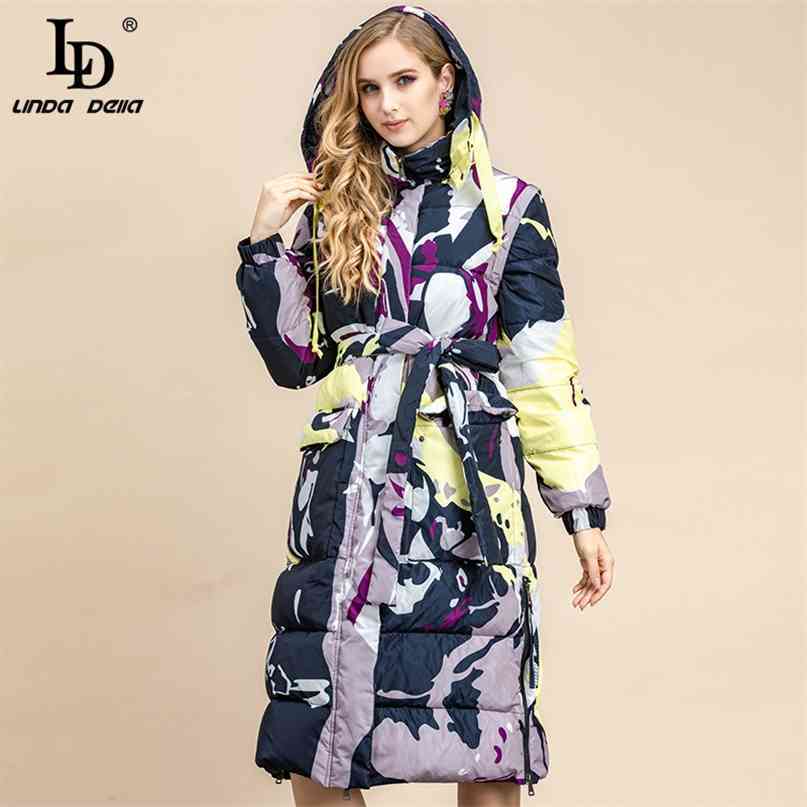 Spring Runway Long Hooded Down Coat Women Turtleneck Belt Vintage Print Warm Duck Jacket Overcoat 210522