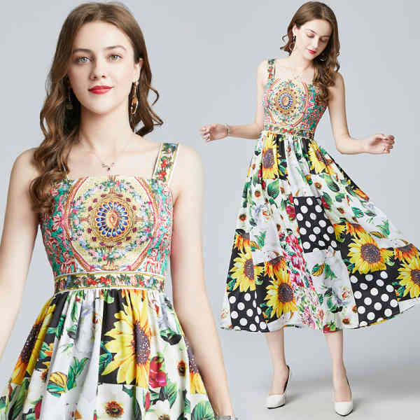 Runway Sexy Strapless Lady Midi Dress Sunflower Flower Print Women Beach Holiday Slim Party Vestidos 210519