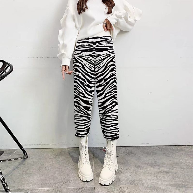 Nomikuma Fashion Zebra Striped Knitted Pants Korean High Waist Women Sweater Trousers Causal New Long Sweat Pants 6E048 210427