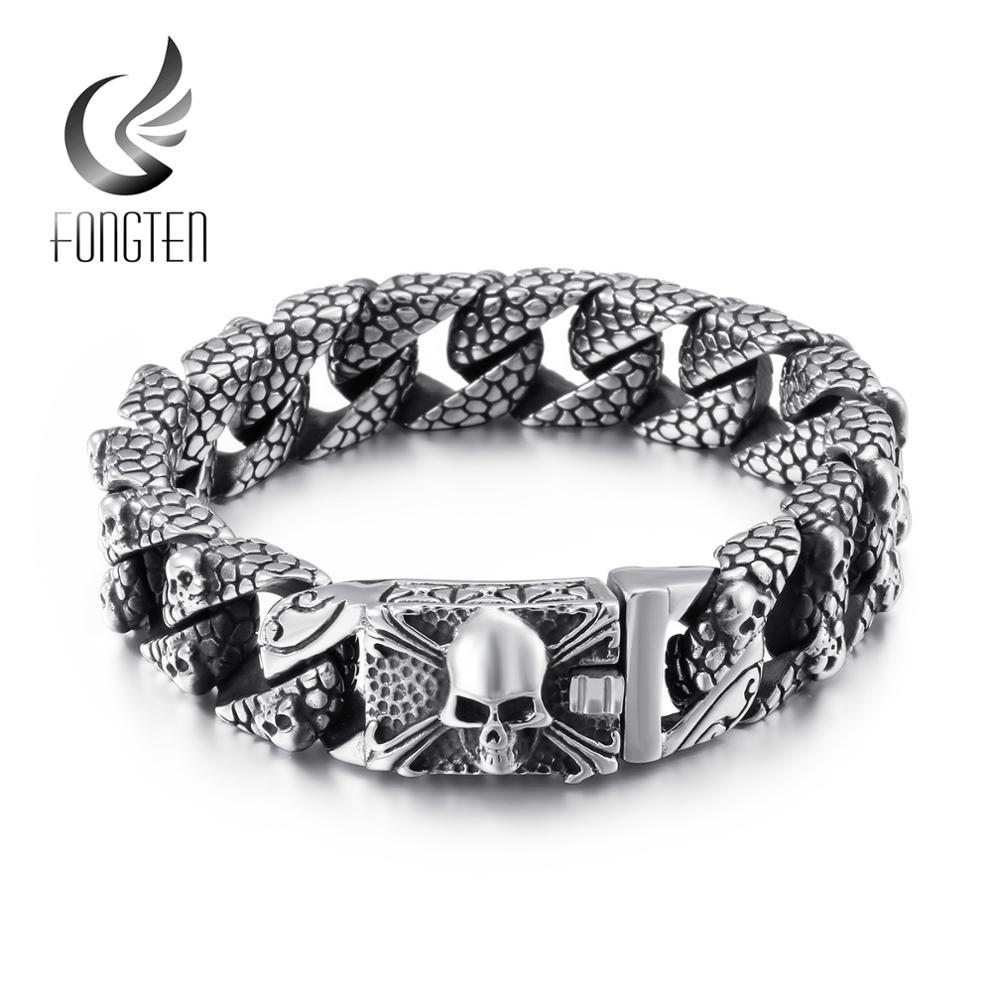 Fongten Gothic Retro Style Mens Bracelets Stainless Steel Skull Franco Link Curb Chain Bracelet For Men Punk Fashion Jewelry 210323