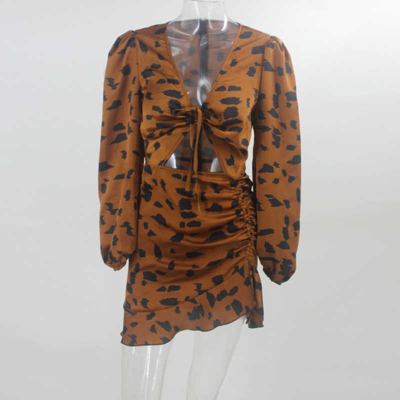 DEAT Spring Summer Women's Dress Ruffle Leopard Long Sleeve A-line Dress Sexy V-neck Dress HR315 210709