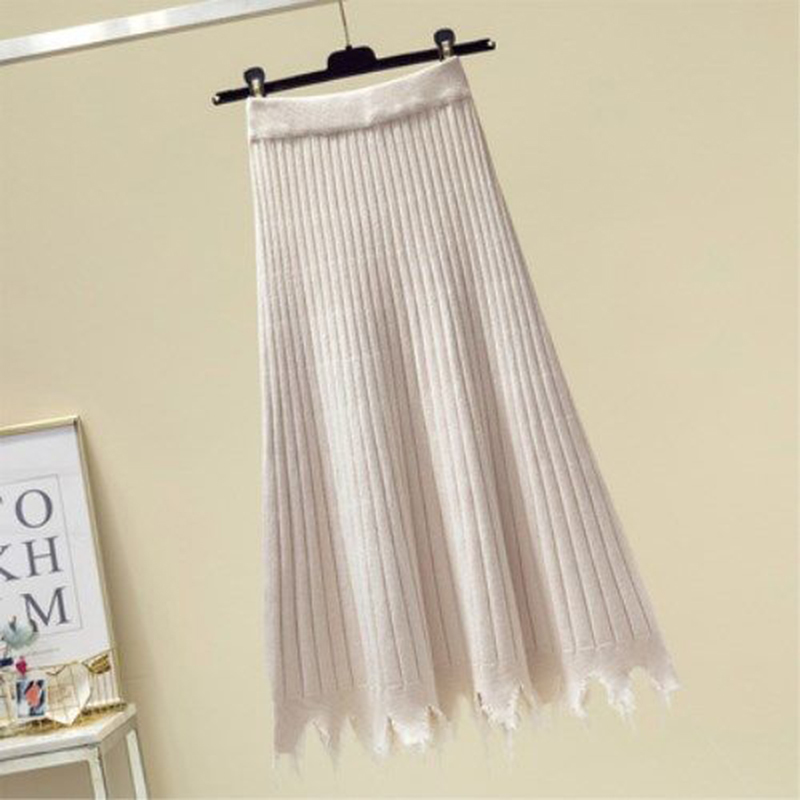 Autumn Winter Fashion Women High Waist Slim Knitted A-line Long Skirt All-matched Casual Tassel s Female Beige S232 210512