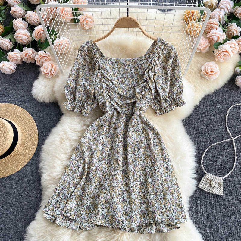 DEAT Women Printing Ruffles Pleated Dress Square Collar Short Sleeve Arrivals Lady Sexy Fashion Spring Summer 11D572 210709
