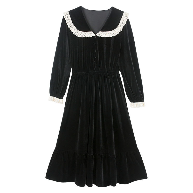 Spring Lolita style Women Long Dress Sweet Black Peter Pan Collar Cosplay Lace Velvet Full Sleeve Ladies es 210521