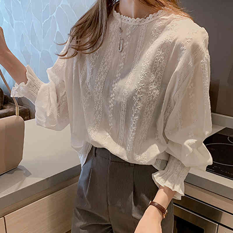 Spring Long Sleeve Blouse Blusas Mujer De Moda Women Embroidery Lace Shirt Linen Cotton Girls 6874 210510