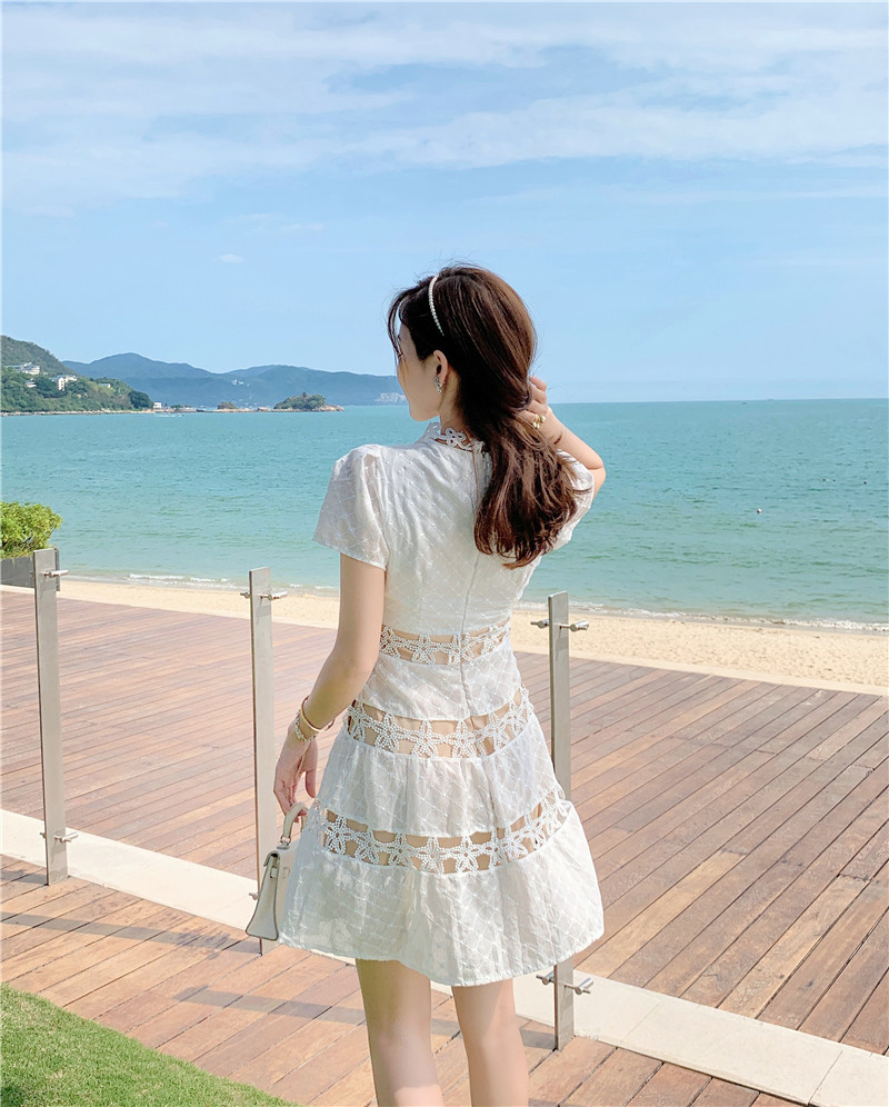 Vintage White Flower Lace Mini Dress Summer Women Sexy V-Neck Short Sleeve Slim Waist Vestidos 210519
