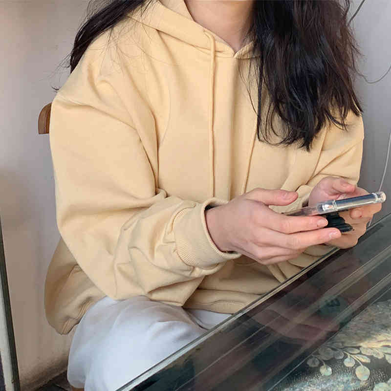 Nomikuma Autumn Winter Plus Velet Women Hooded Sweatshirt Long Sleeve Causal Solid Hoody New Korean Hoodies Jumper 6C714 210427