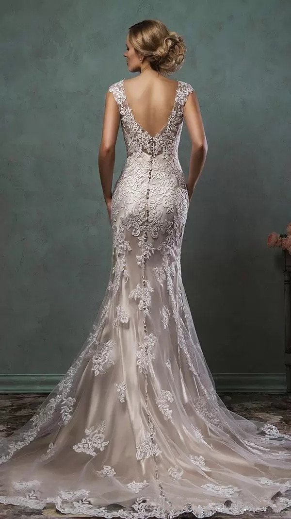Vintage Amelia Sposa Full Lace Appliques Mermaid Wedding Dresses 2021 V-Neck Chapel Train Plus Size Bridal Party Gowns