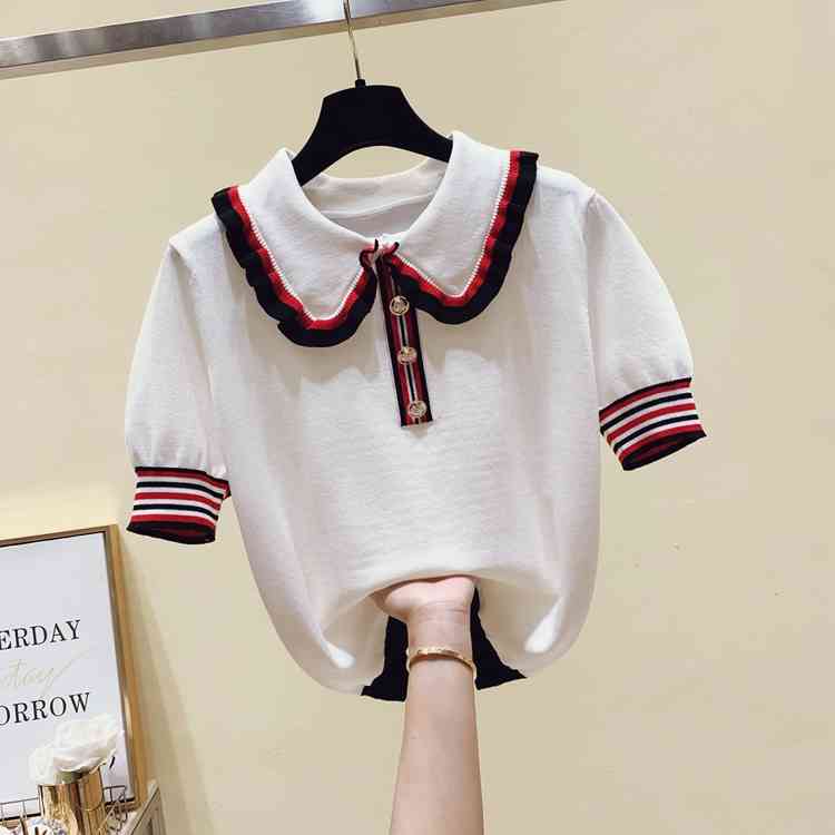 Summer Retro Peter pan collar Hit Color Short Sleeve Knitted pullover Casual T-shirts For Women Tees 210519