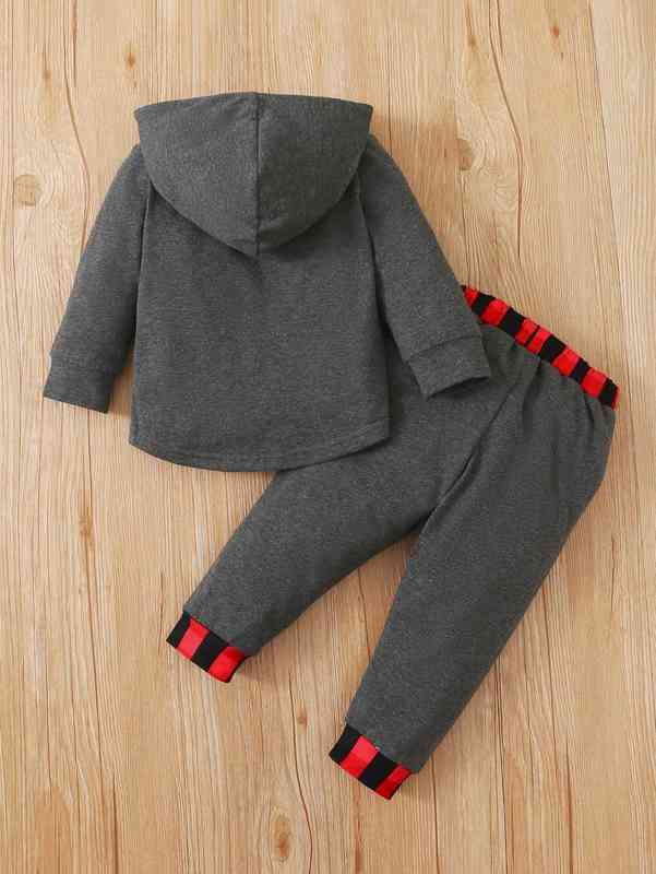 Baby Contrast Plaid Kangaroo Pocket High Low Hem Hoodie & Sweatpants SHE