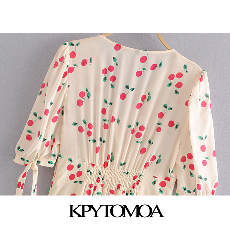 Women Chic Fashion Cherry Printed Buttons Mini Dress Tied Short Sleeves With Lining Female Dresses Mujer 210420