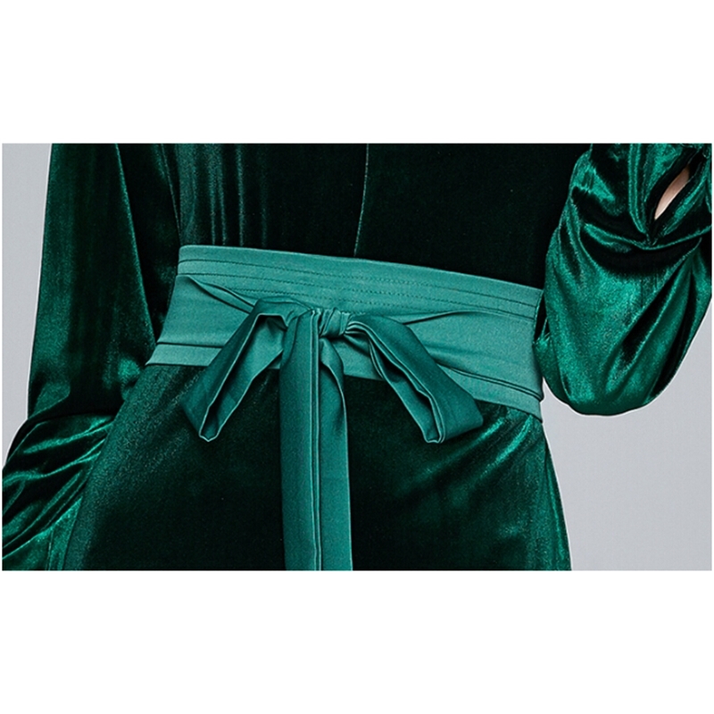 Autumn Woman Velvet Dark Green Dresses Long Sleeve Sexy V-Neck Vestido De Mujer Clothing Female With Belt 210520