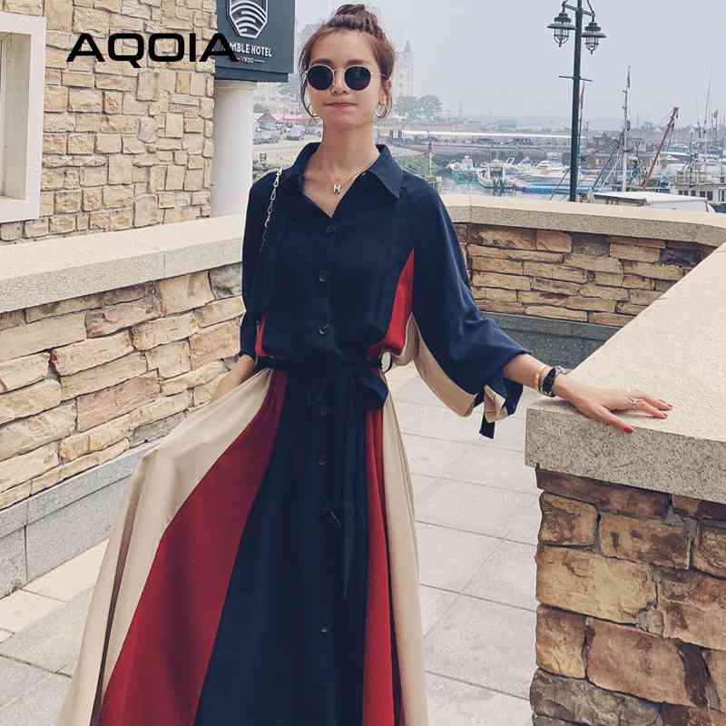 Summer Women Maxi Dress Vingate Patchwork Casual Lantern Sleeve Button Up Turn Down Collar Ladies Shirt Loose Robe 210521