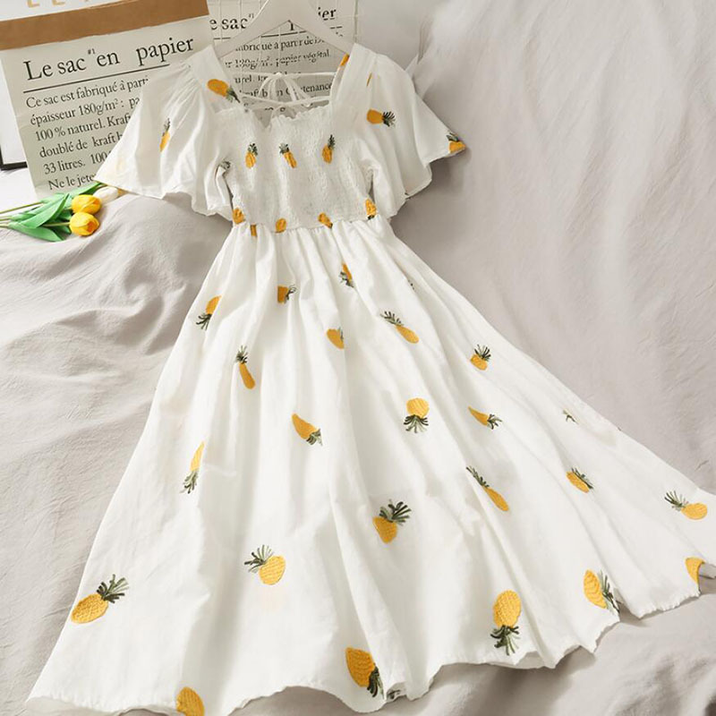 Women Summer Dress Sweet Square collar Pineapple Print Dresses Ruffles A-line High Waist Dress Elegant Vestidos Clothes 210521
