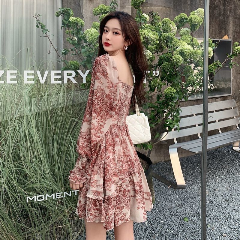 Elegant Floral Sweet Dress Women Retro Puff Sleeve Chiffon High Waist Party Casual Female Summer 210519