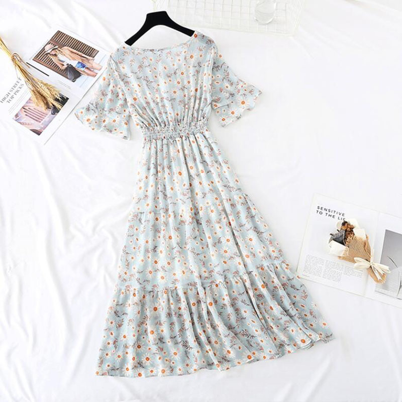 Summer Chiffon Long Dress Women Elegant V-Neck print Floral Dresses Elastic waist Slim Sweet Ruffles Dress Vestido 210521