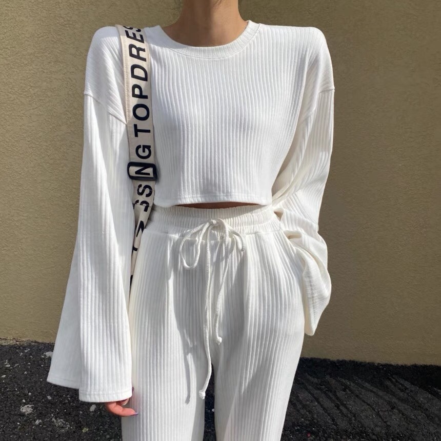 Korea Spring women's Knitted Tracksuit 2 Pieces Set Fashion O-Neck Long Sleeve Loose T-Shirt Top + High Waist Wide Leg Pant Suit 210519