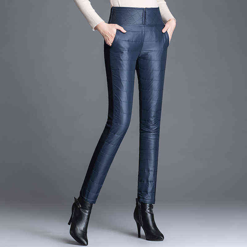 Winter Warm Duck Down Velvet Women's Pants High Waist Solid Skinny Formal Female Elastic Work Trousers Lady 211115