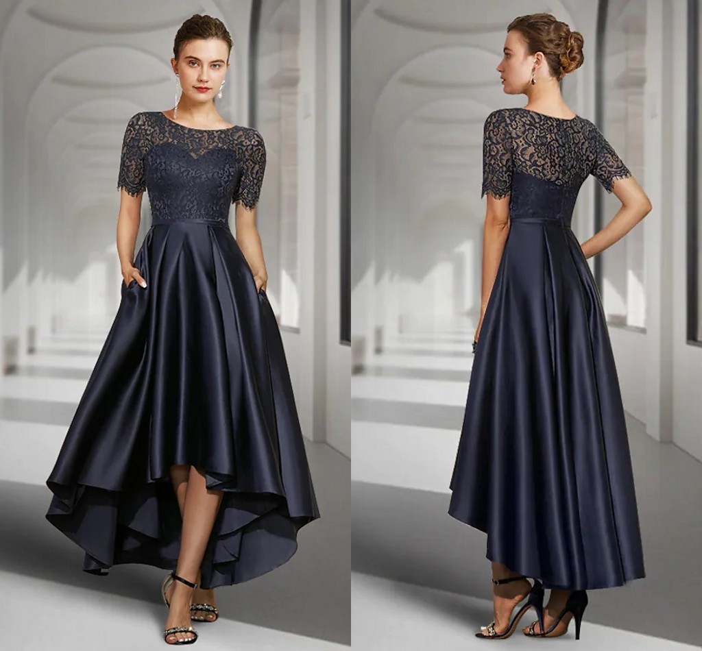 Dark Navy High Low Cocktail Party Prom Dress Jewel Neck Asymmetrical Lace Satin Short Sleeve Formal Gown 2022 Robe De Soiree Vestidos