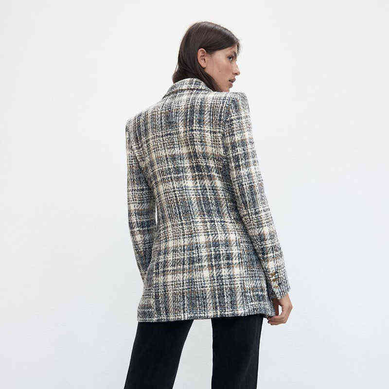 autumn and winter casual plaid double-breasted texture with shoulder pads suit jacket women 211104