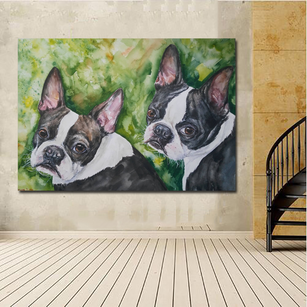 Boston Cute Sweet Dog Painting Wall Art Print Canvas Painting For Kids Room Decor Animal Picture Unframed