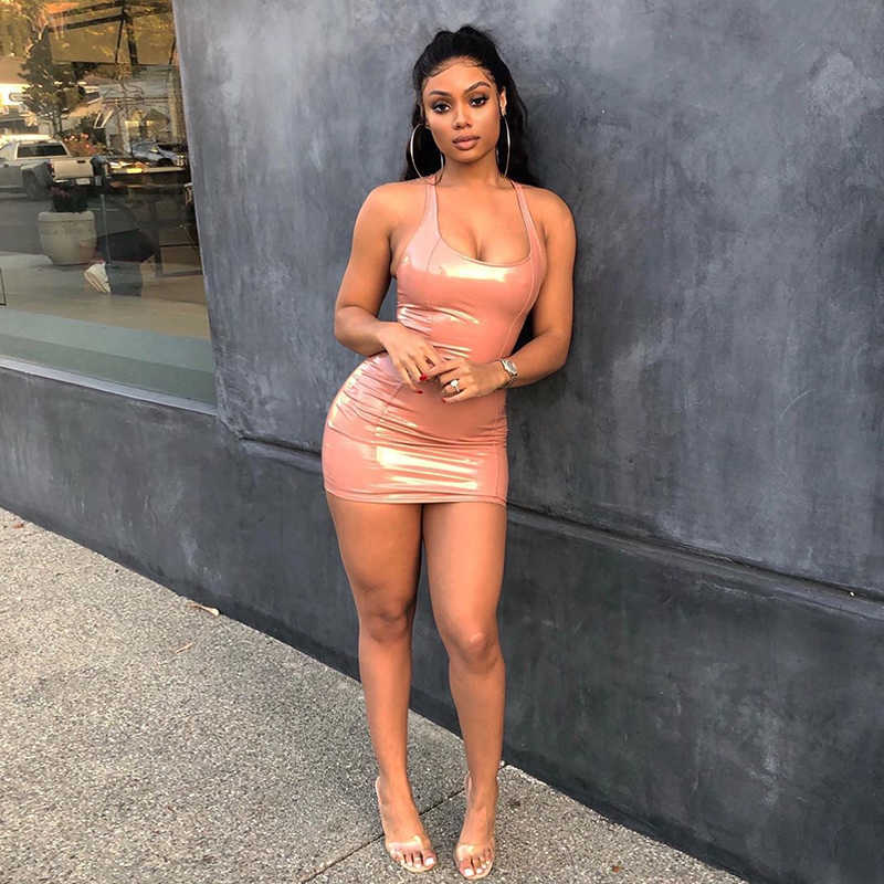 Colysmo Summer Dress Red Elastic PU Leather Backless Women Party Bodycon Sexy Club Wear Robe Femme Neon es 210527