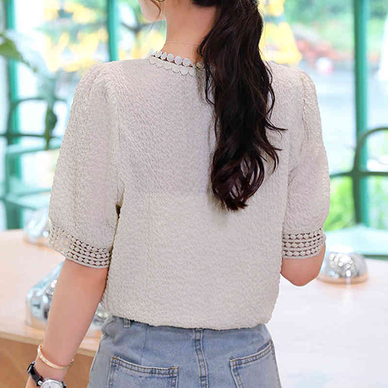 Casual O Neck Plus Size Women Blouse Summer Pleated Apricot Purple Tops Blusas Mujer Short Sleeve Chiffon Shirt 10205 210506