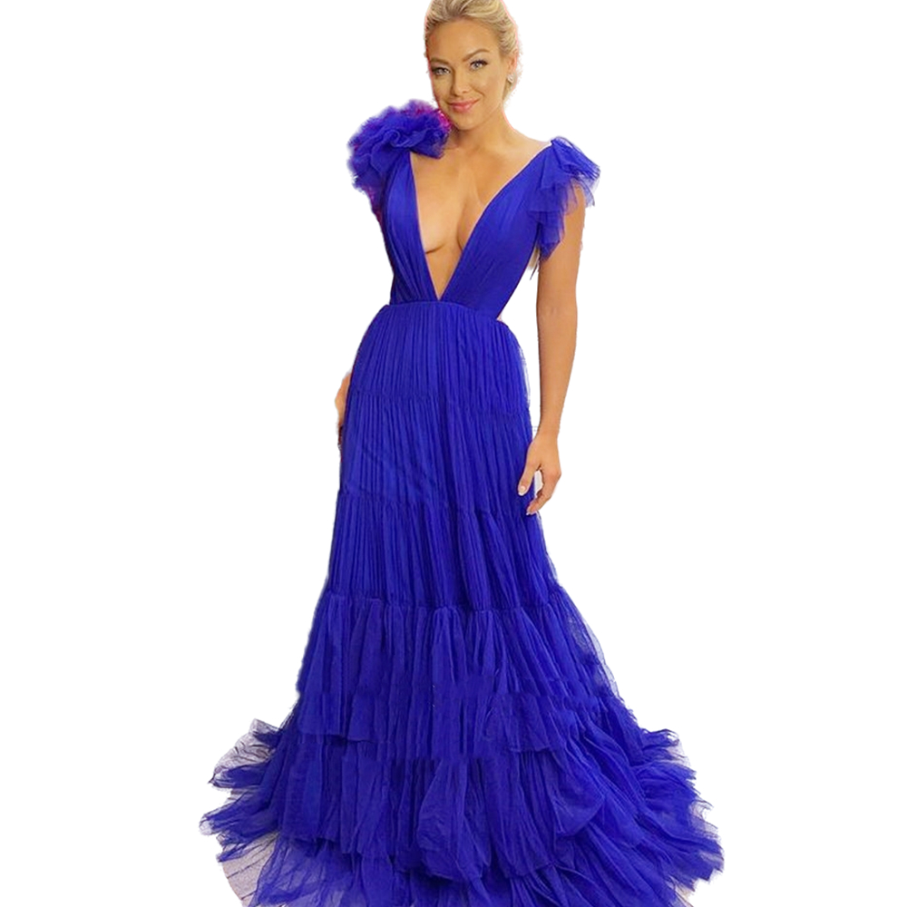 Sexy Backless Deep V Neck Prom Dresses Long Royal Blue Tiered Skirt Tulle Formal Evening Gowns A Line Special Occasion Dress Floor Length Red Carpet R