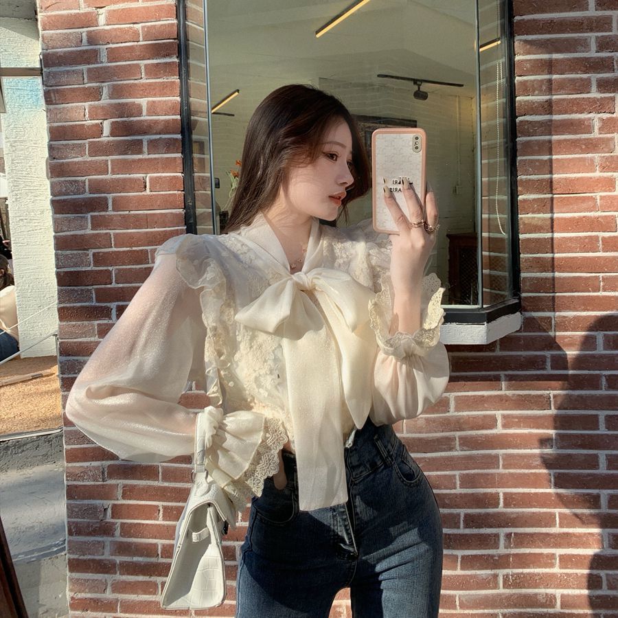 Nomikuma Women Blouse Korean Lace Embroideried Ruffle Shirt Spring Bow Tie Collar Flare Sleeve Elegant Blusas Mujer 6E225 210427