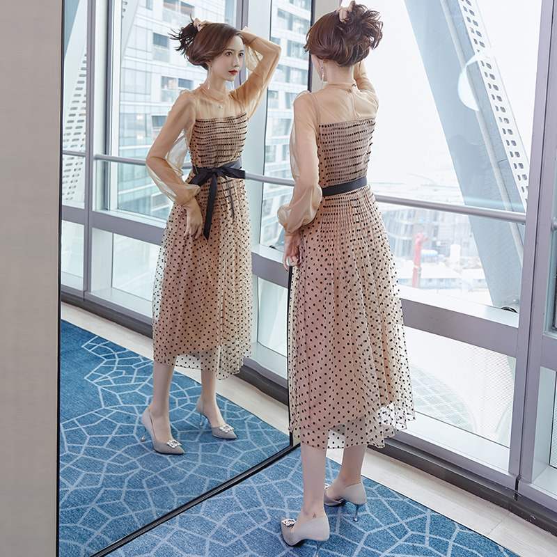 Retro Mesh Gauze Lace-up Dress Polka Dot Puff Long Sleeve High Waist Pleated es Sexy Women Party 210519