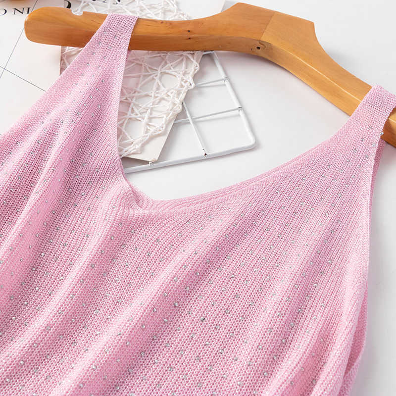 Summer knitted Tank Top for Women korean Cami Sleeveless Bling Lurex diamond vest Top White Black Women's loose Camisole tops 210625