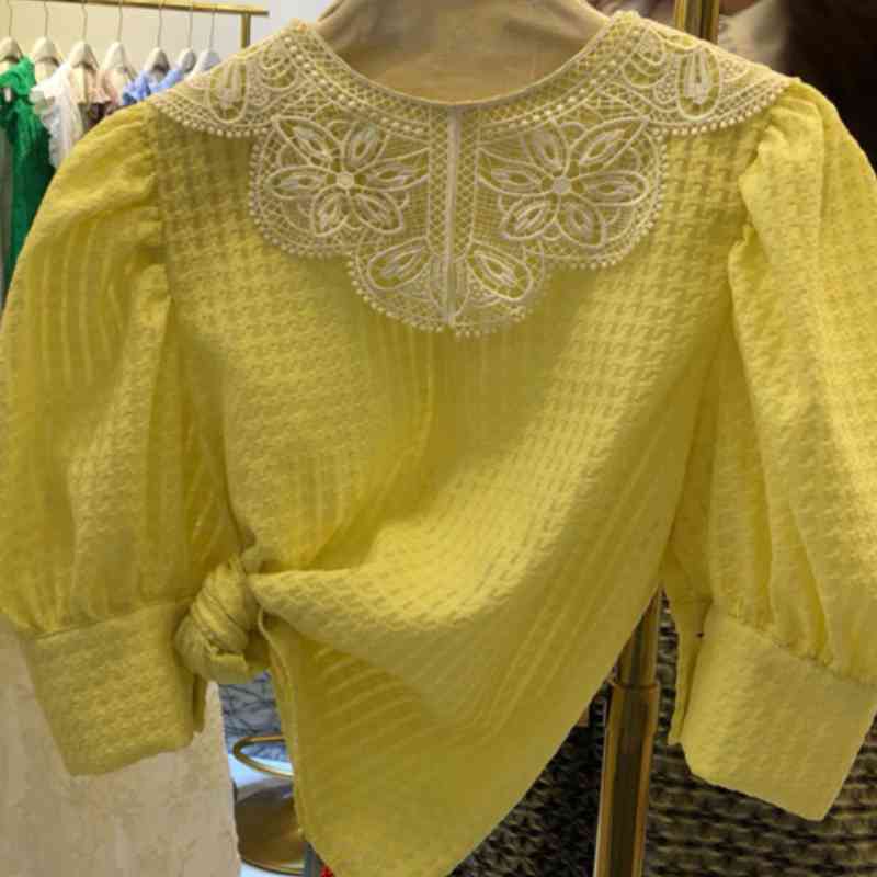Nomikuma Lace Patchwork Women Blouse New Puff Sleeve Shirt Tops Korean Sweet Elegant Blusas Mujer De Moda Verano 6H503 210427
