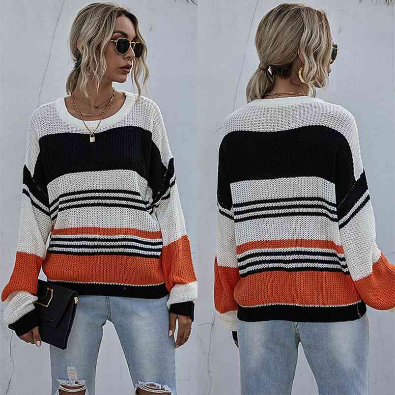 Stitching Striped Loose Ladies Sweater Pullover Autumn Winter Arrival Orange Jumpers Knit Sweaters Women Pull Femme 210517
Stitching Striped Loose Ladies Sweater Pullover Autumn Winter Arrival Orange Jumpers Knit Sweaters Women Pull Femme 210517