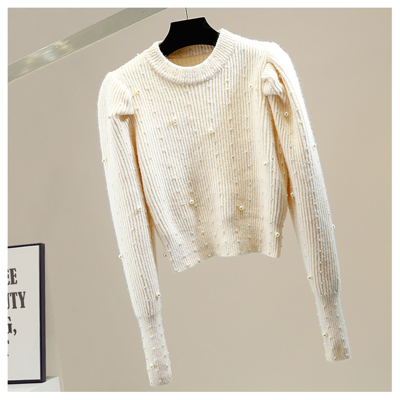 New design womens o-neck luxury design beading puff long sleeve knitted sweater tops jumpers