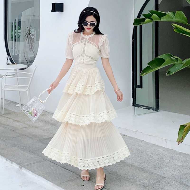 Runway Desigher Self Portrait Long Dress Hollow Out Lace Pleated Layered Women Sexy Party es Vestidos Robes 210529