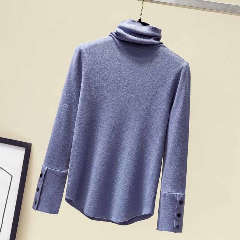 Pullover Button Korean Style Turtleneck Bottoming Sweaters Women Solid Knitted Jumper Slim Chic Cuffs Pull Femme 11796 210508