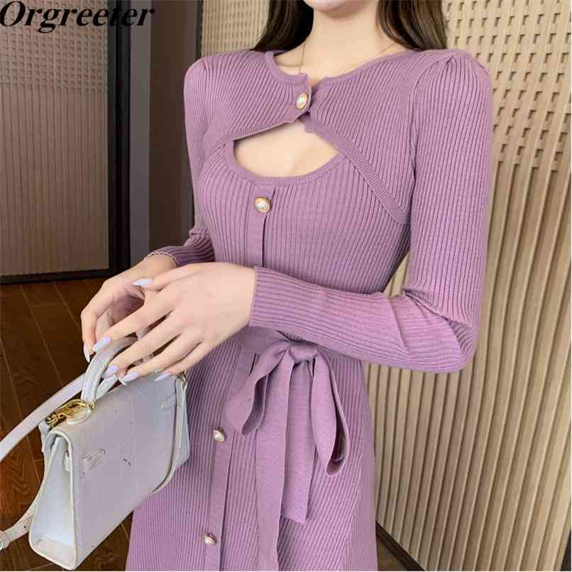 Romantic Design Hollow Out Fake 2 Piece Knitted Dress Pearl Buckle Sashes Big Swing Sweater Long-sleeved Bottoming Autumn 210602, Purple
Romantic Design Hollow Out Fake 2 Piece Knitted Dress Pearl Buckle Sashes Big Swing Sweater Long-sleeved Bottoming Autumn 210602, Purple