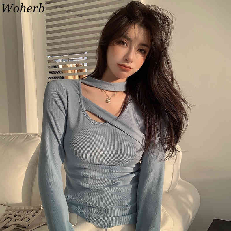 Slim Fit Basic Knitted T-shirt Women Halter Bandage Tops Long Sleeve T Shirts Korean Chic Ins Elegant Stretch Tees 210519