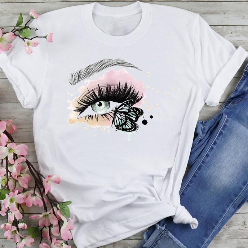Women's T-Shirt Women Sweet 2021 Clothing Cute Style Eyelash Cartoon Summer Fashion Lovely Clothes Print Short Sleeve Tops Tees Tshirt