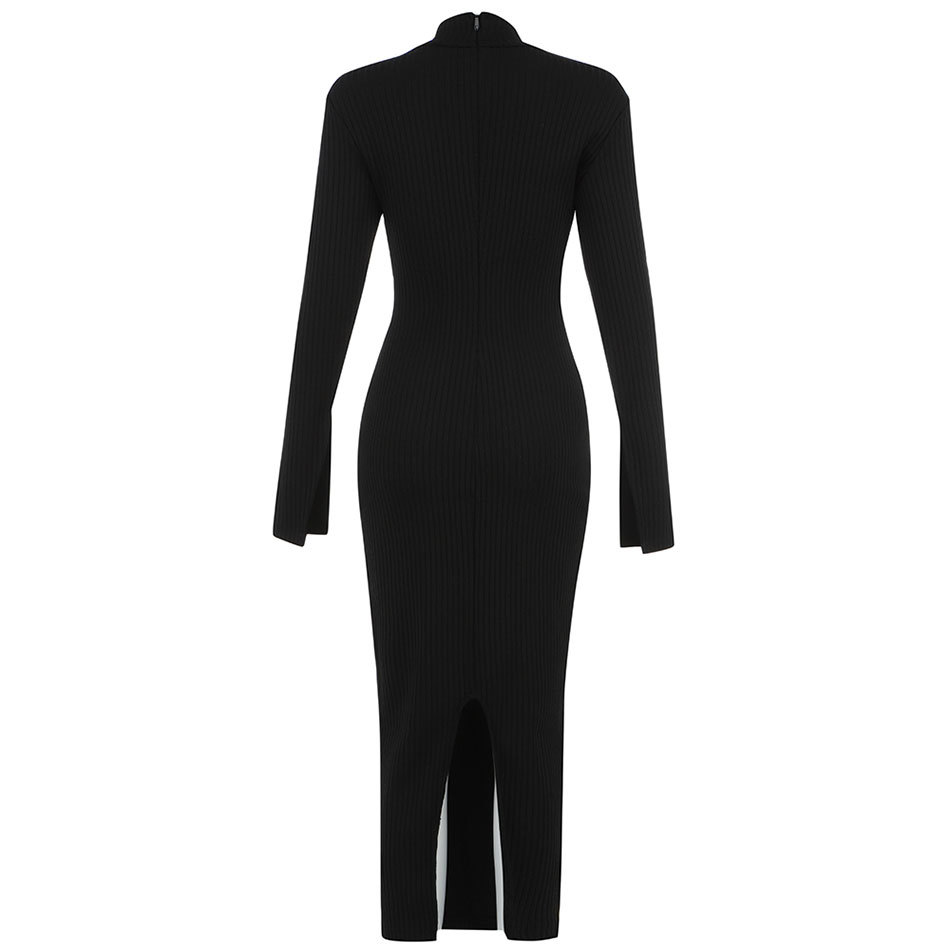 Free Women Knit Dress Sexy Stand Collar Long Sleeve Hollow Black Bodycon Club Midi Celebrity Party 210524