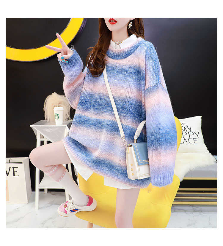 H.SA Autumn Winter Women Rainbow Sweater and Pullovers Oneck Long Loose Style Striped Korean Jumpers Candy Color Oversized Pull 210716