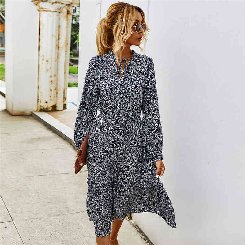 Autumn Winter Ladies Casual Floral Print Dress Women Full Sleeve Lace Up V-neck High Wasit Long Vintage Dress Female New 210325