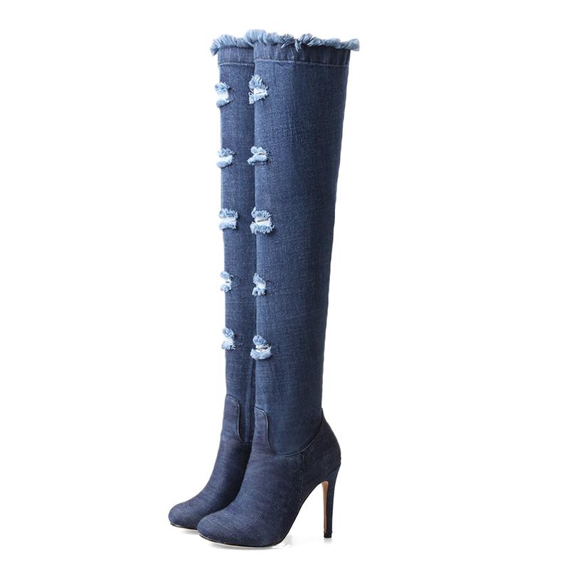 Boots Lucyever Sexy Women Over The Knee High Round Toe Pumps Casual Tassel Denim Jeans Shoes Woman Botas Mujer Plus Size 33-43